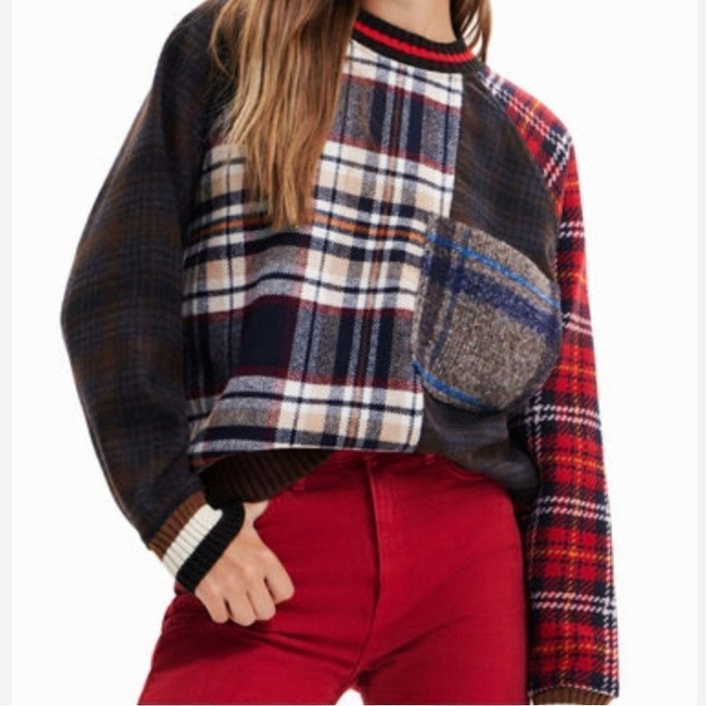 Desigual Tartan Sweater Wool Blend Crewneck Large Christmas